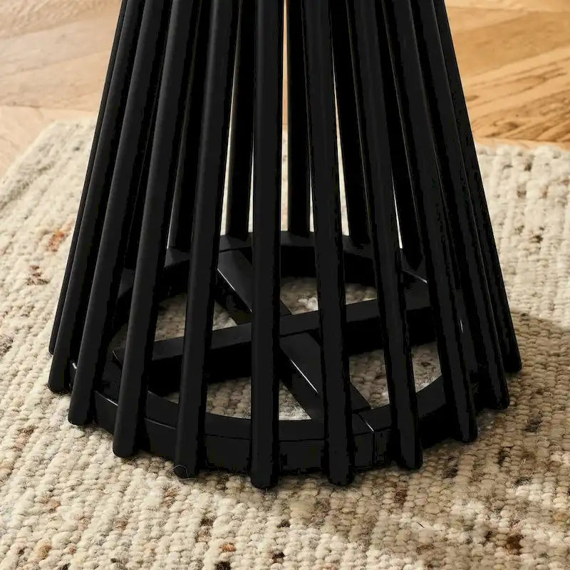 Round Solid Wood Side Table Slatted Base Brown Gold Black Living Room
