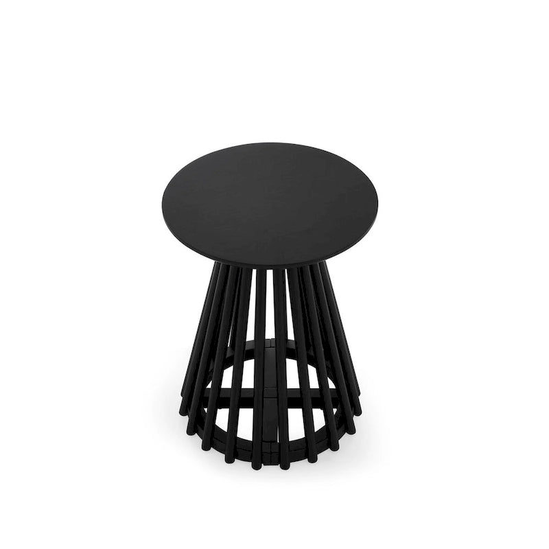 Round Solid Wood Side Table Slatted Base Brown Gold Black Living Room