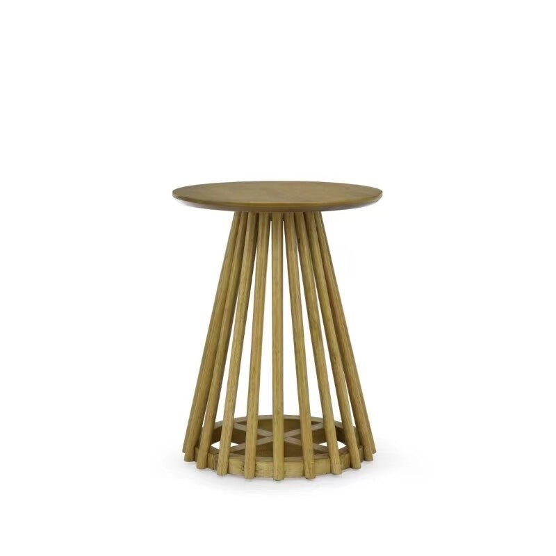 Round Solid Wood Side Table Slatted Base Brown Gold Black Living Room