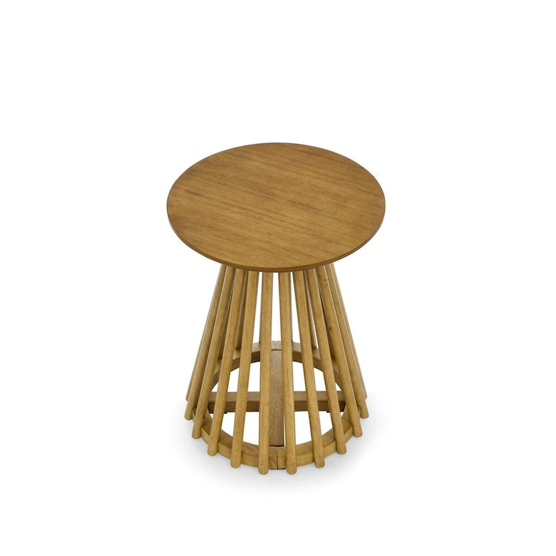 Round Solid Wood Side Table Slatted Base Brown Gold Black Living Room