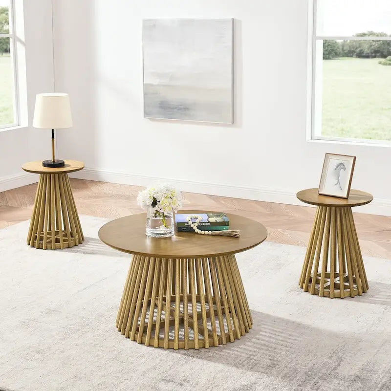 Round Solid Wood Side Table Slatted Base Brown Gold Black Living Room
