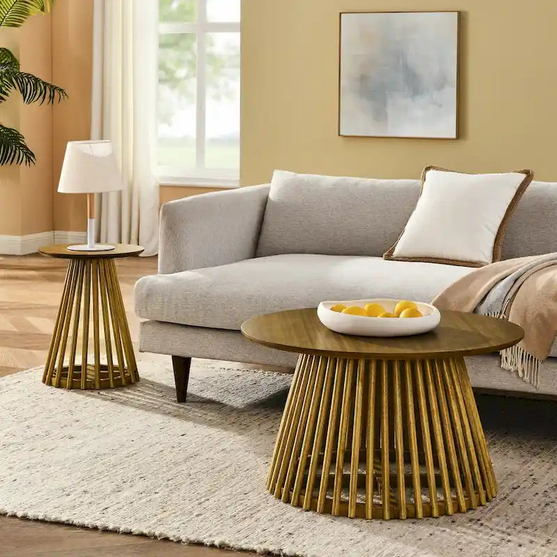 Round Solid Wood Side Table Slatted Base Brown Gold Black Living Room