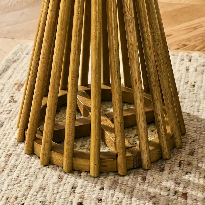 Round Solid Wood Side Table Slatted Base Brown Gold Black Living Room