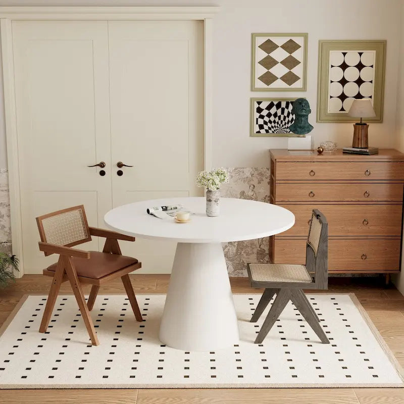 Round Pedestal Dining Table with Frustum Base White Black Modern Retro