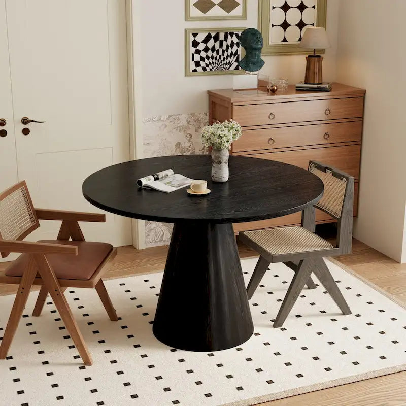 Round Pedestal Dining Table with Frustum Base White Black Modern Retro