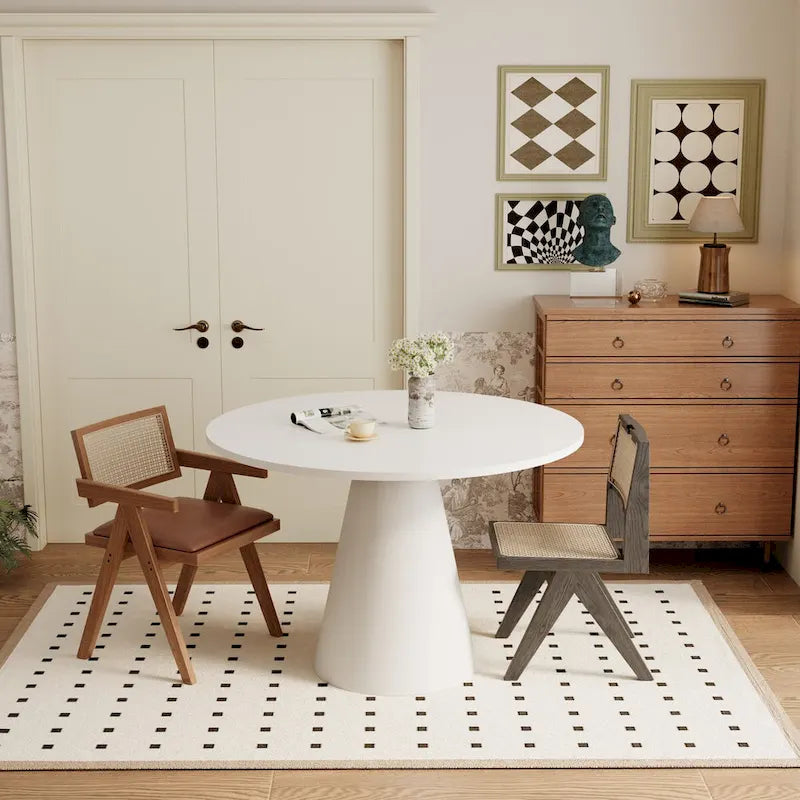 Round Pedestal Dining Table with Frustum Base White Black Modern Retro