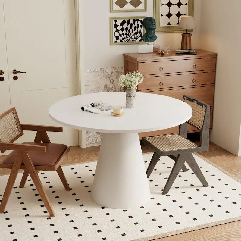 Round Pedestal Dining Table with Frustum Base White Black Modern Retro