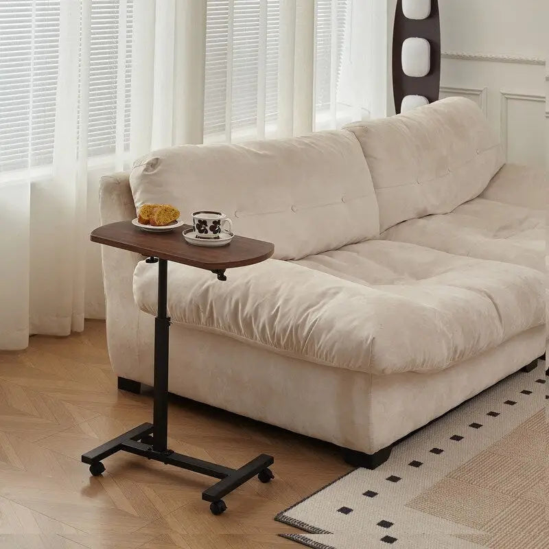 Height Adjustable C-Shaped Sofa Side Table with Rolling Wheels Brown MDF