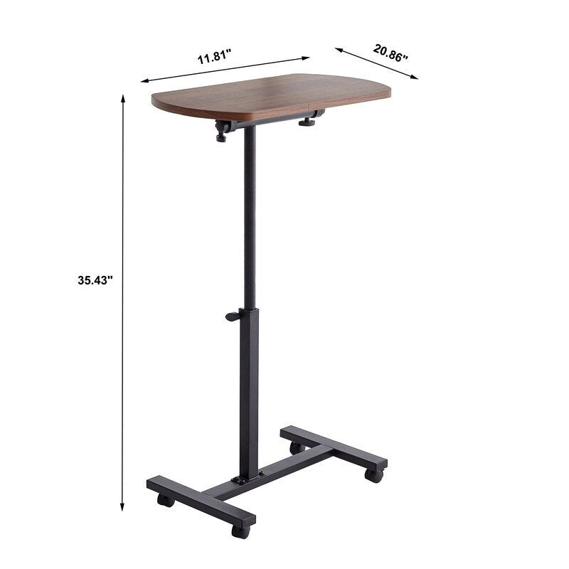 Height Adjustable C-Shaped Sofa Side Table with Rolling Wheels Brown MDF