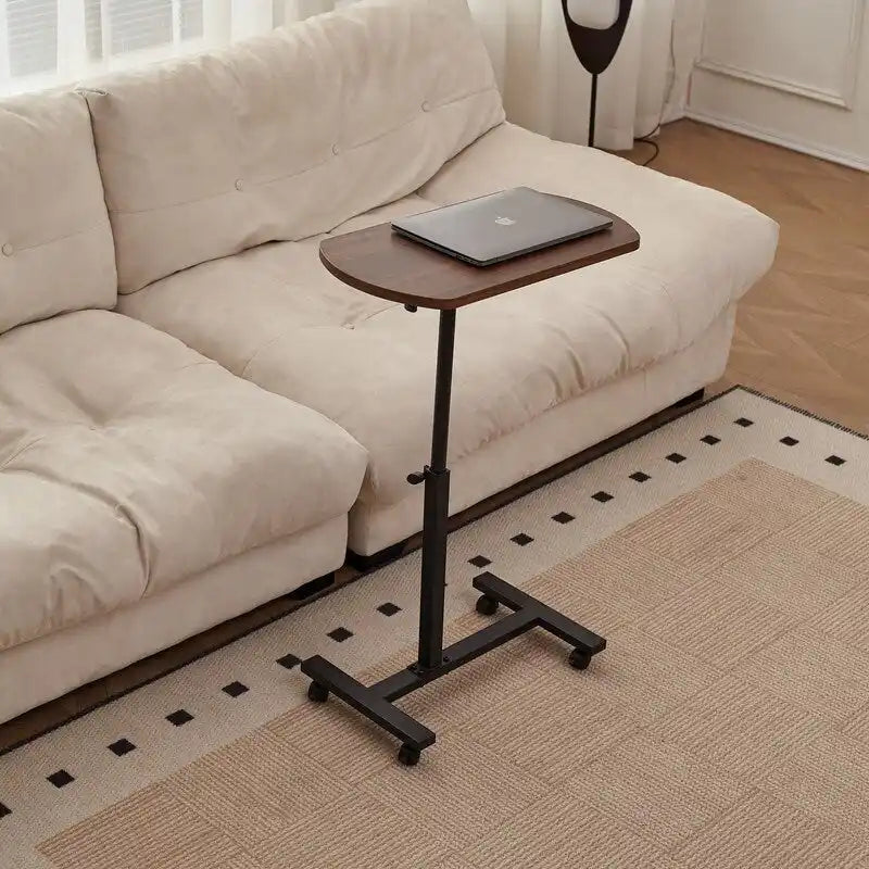Height Adjustable C-Shaped Sofa Side Table with Rolling Wheels Brown MDF