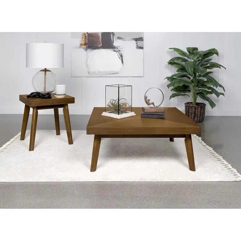 Square Walnut Finish Coffee Table with Parquet Top and Angled Legs
