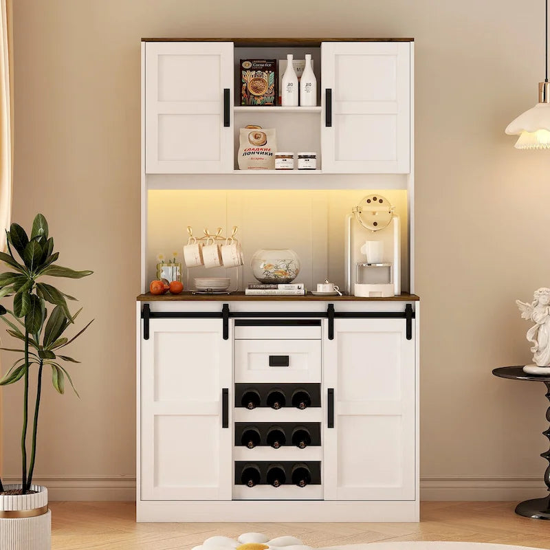 Farmhouse Bar Cabinet with Sliding Barn Door, Large Kitchen BuffetRustic Coffee Bar Sideboard Table,White