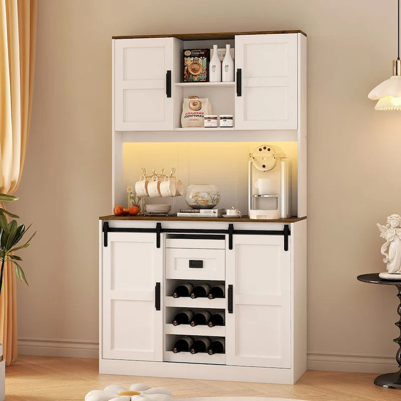 Farmhouse Bar Cabinet with Sliding Barn Door, Large Kitchen BuffetRustic Coffee Bar Sideboard Table,White