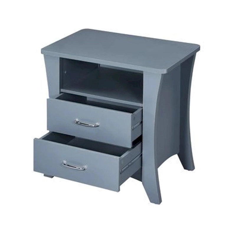 Grey Wood Accent Side Table with 2 Drawers and Open Storage Shelf