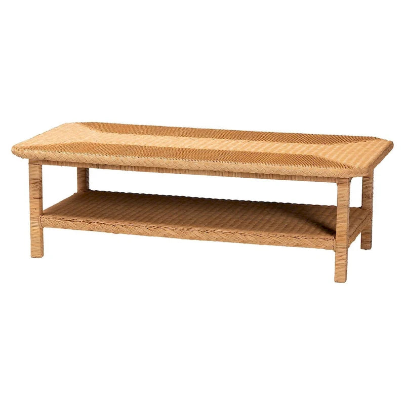 Bohemian Handwoven Natural Rattan Coffee Table with Lower Shelf Honey
