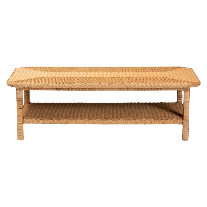 Bohemian Handwoven Natural Rattan Coffee Table with Lower Shelf Honey