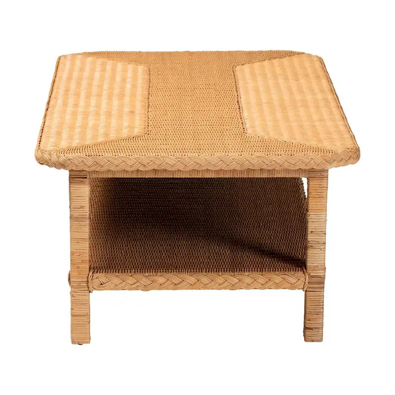 Bohemian Handwoven Natural Rattan Coffee Table with Lower Shelf Honey