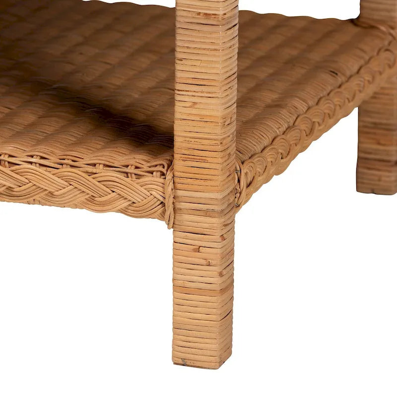 Bohemian Handwoven Natural Rattan Coffee Table with Lower Shelf Honey