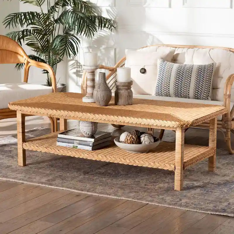 Bohemian Handwoven Natural Rattan Coffee Table with Lower Shelf Honey
