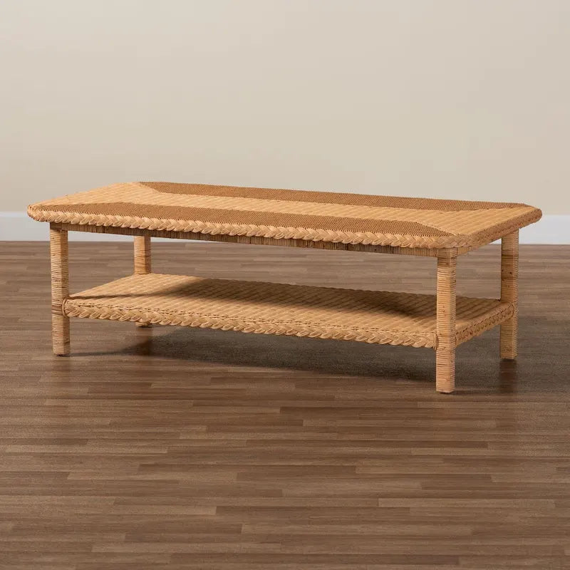Bohemian Handwoven Natural Rattan Coffee Table with Lower Shelf Honey