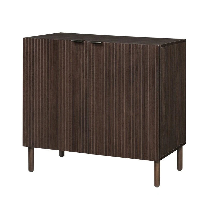 Walnut Finish Double Door Storage Cabinet with Vertical Groove Panels
