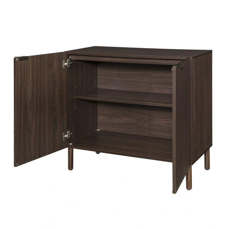 Walnut Finish Double Door Storage Cabinet with Vertical Groove Panels