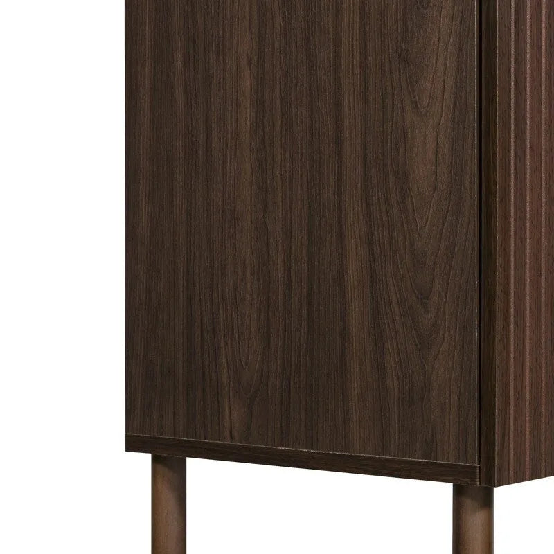 Walnut Finish Double Door Storage Cabinet with Vertical Groove Panels