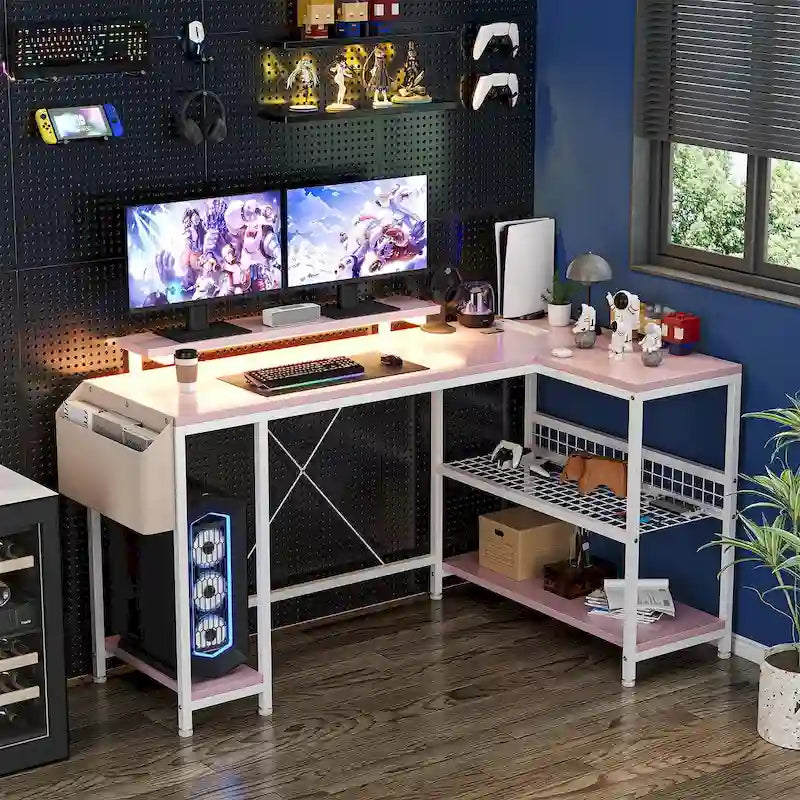 L-Shaped Gaming Desk with RGB LED Lights, Monitor Stand, Power Outlets & Storage Shelves