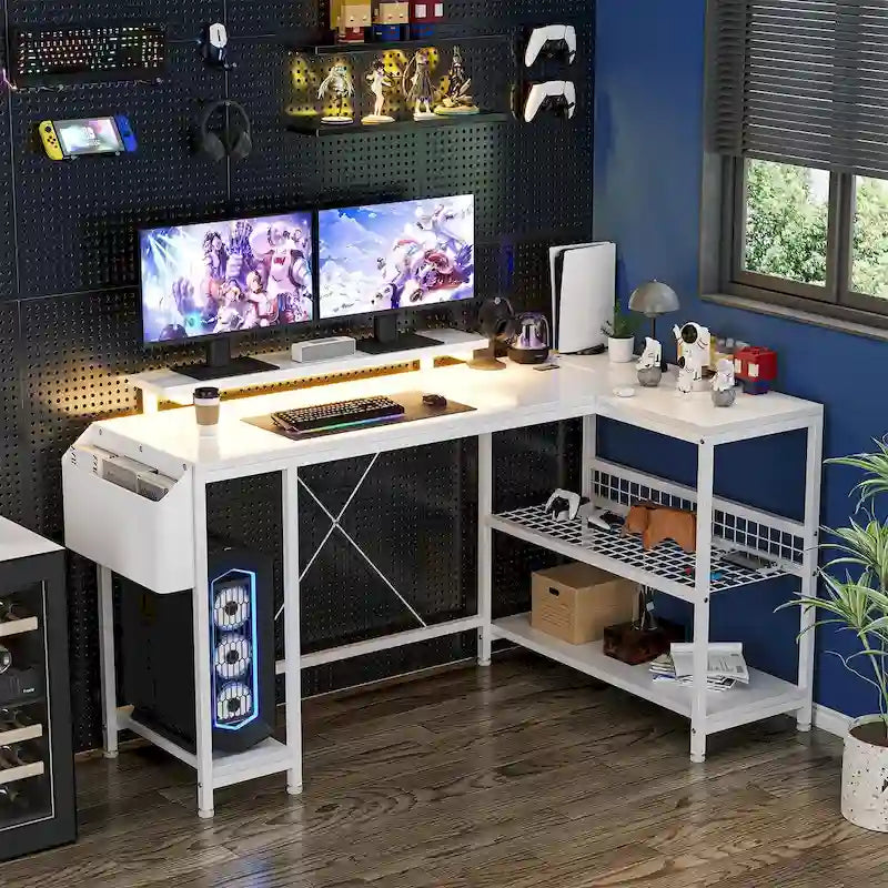 L-Shaped Gaming Desk with RGB LED Lights, Monitor Stand, Power Outlets & Storage Shelves
