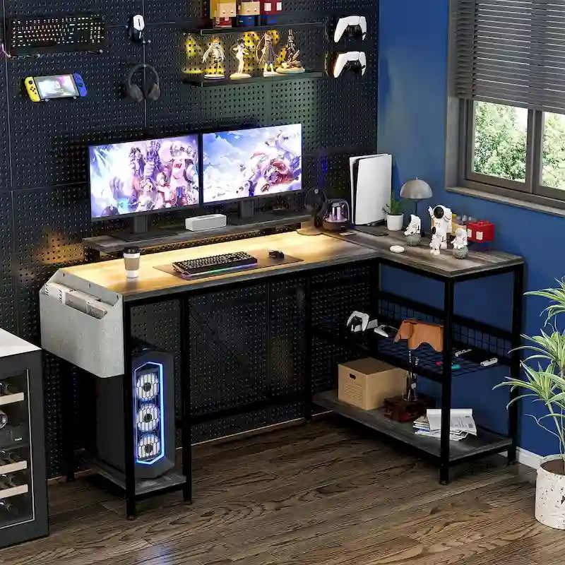 L-Shaped Gaming Desk with RGB LED Lights, Monitor Stand, Power Outlets & Storage Shelves
