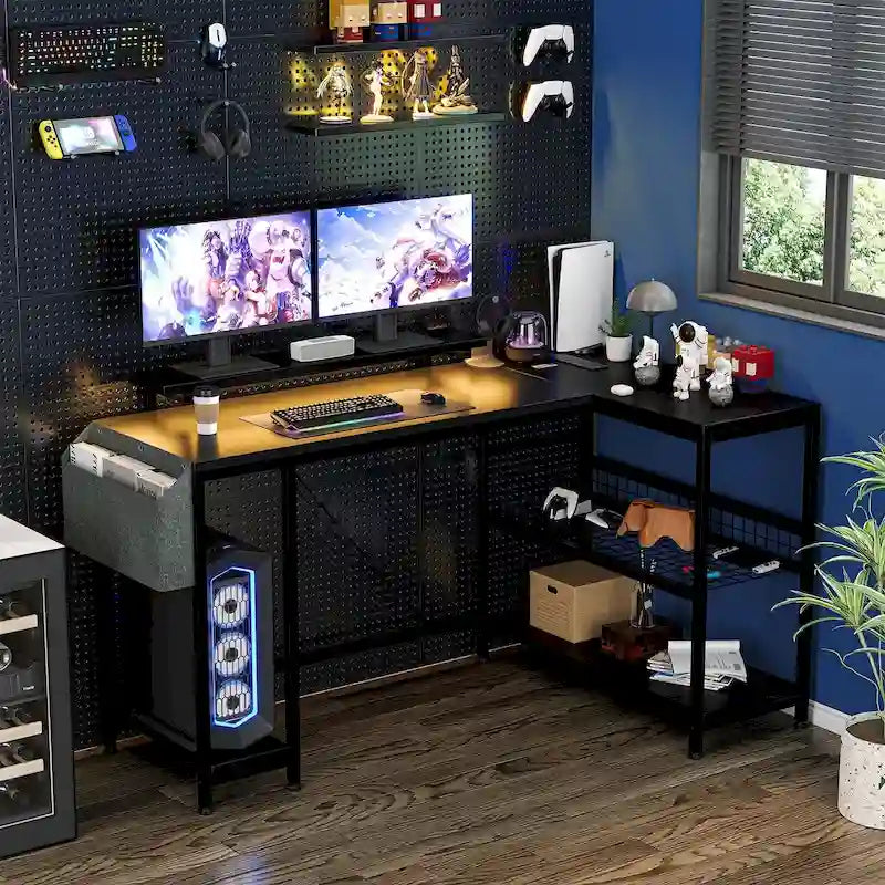 L-Shaped Gaming Desk with RGB LED Lights, Monitor Stand, Power Outlets & Storage Shelves