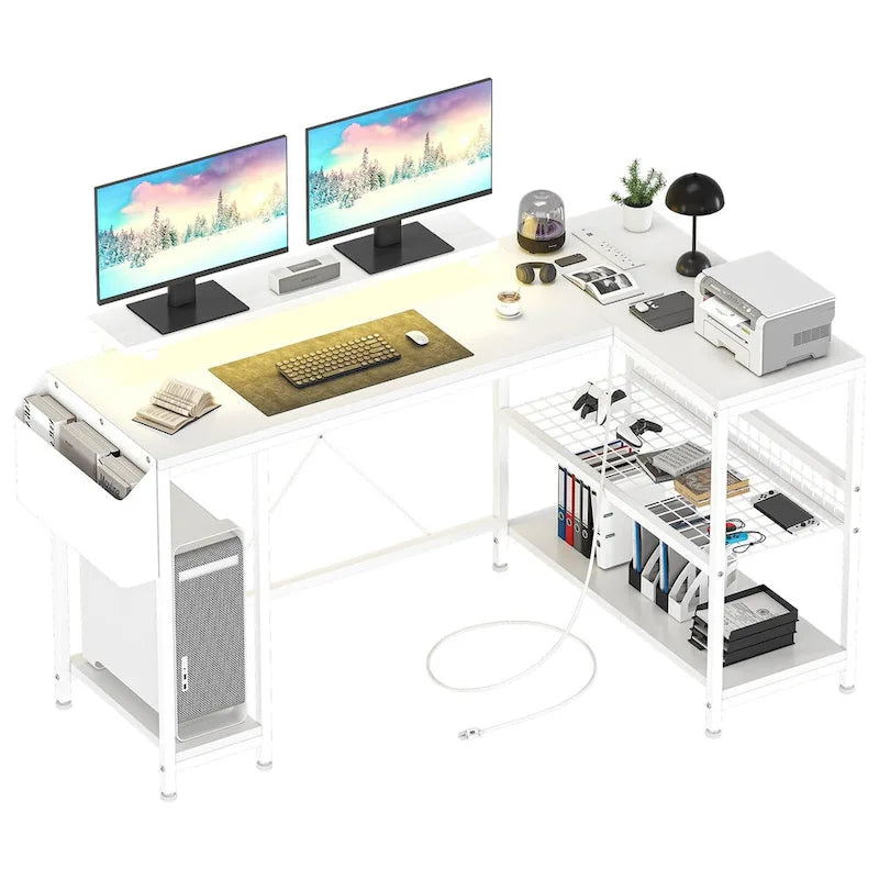 L-Shaped Gaming Desk with RGB LED Lights, Monitor Stand, Power Outlets & Storage Shelves