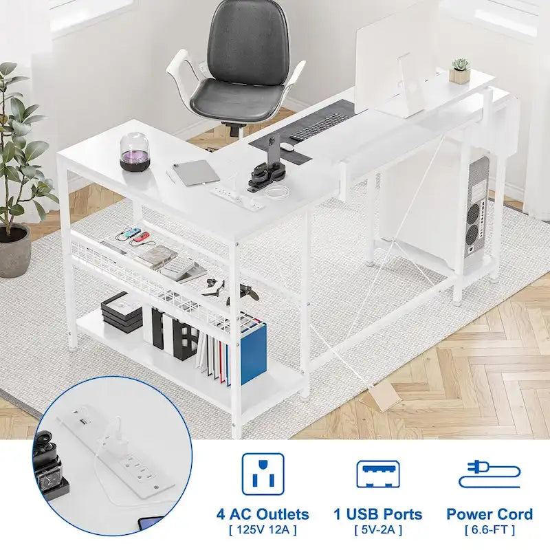 L-Shaped Gaming Desk with RGB LED Lights, Monitor Stand, Power Outlets & Storage Shelves