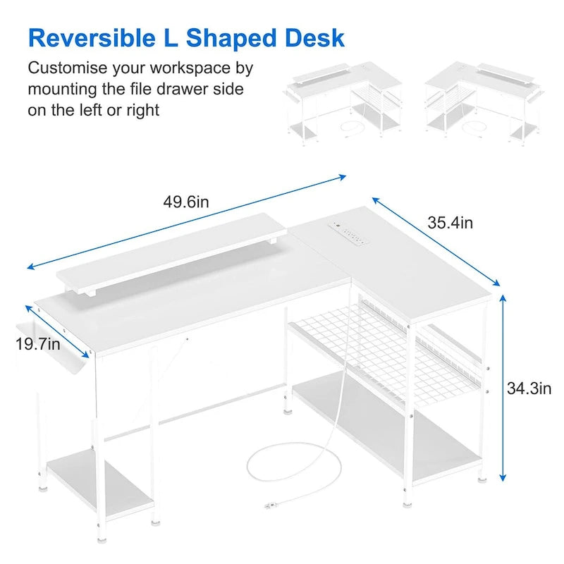 L-Shaped Gaming Desk with RGB LED Lights, Monitor Stand, Power Outlets & Storage Shelves