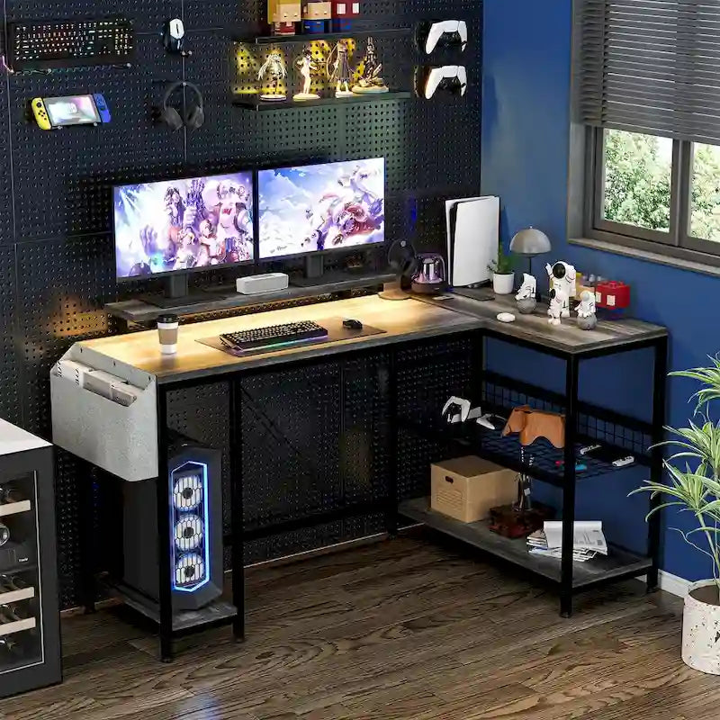 L-Shaped Gaming Desk with RGB LED Lights, Monitor Stand, Power Outlets & Storage Shelves
