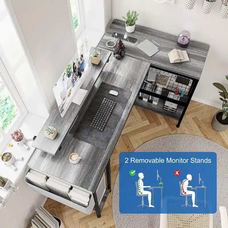 L-Shaped Gaming Desk with RGB LED Lights, Monitor Stand, Power Outlets & Storage Shelves