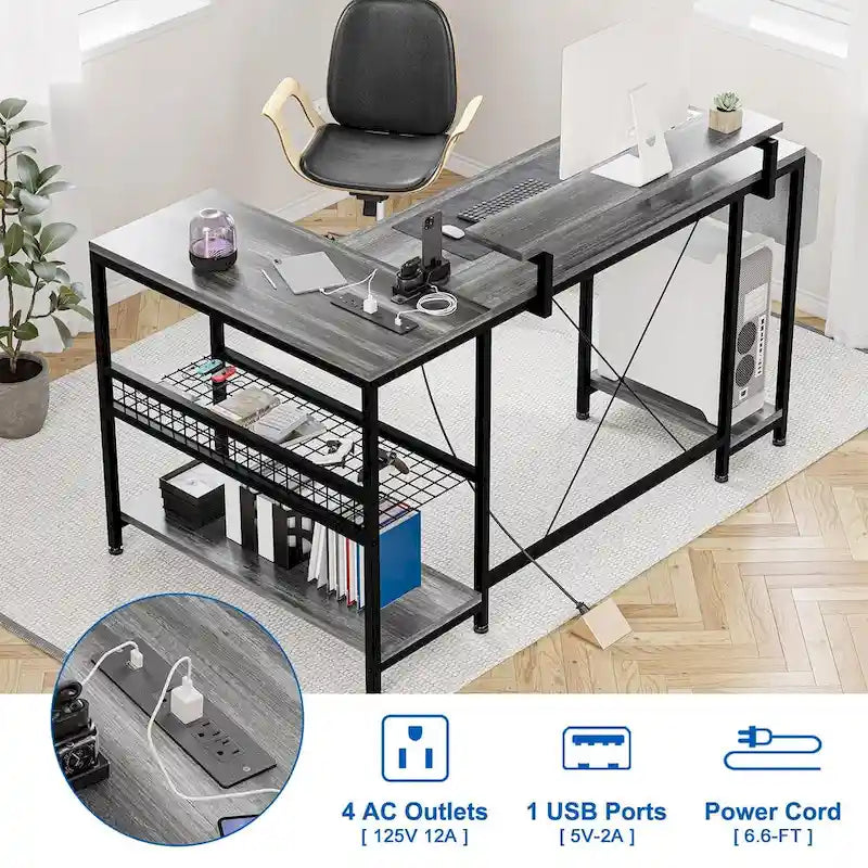 L-Shaped Gaming Desk with RGB LED Lights, Monitor Stand, Power Outlets & Storage Shelves