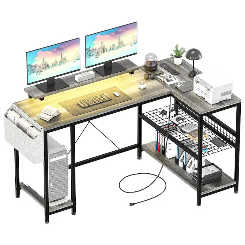 L-Shaped Gaming Desk with RGB LED Lights, Monitor Stand, Power Outlets & Storage Shelves