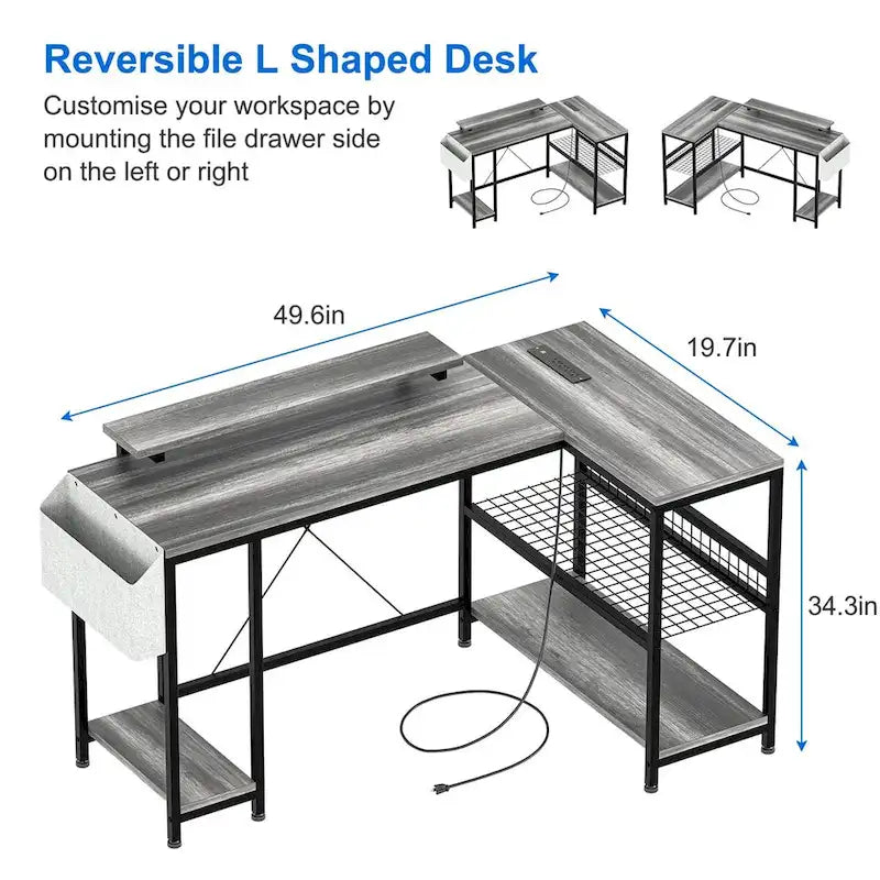 L-Shaped Gaming Desk with RGB LED Lights, Monitor Stand, Power Outlets & Storage Shelves
