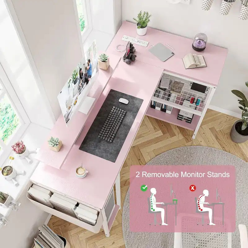 L-Shaped Gaming Desk with RGB LED Lights, Monitor Stand, Power Outlets & Storage Shelves