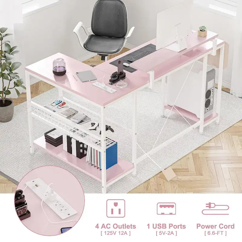 L-Shaped Gaming Desk with RGB LED Lights, Monitor Stand, Power Outlets & Storage Shelves