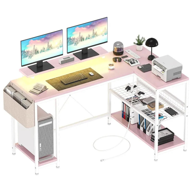 L-Shaped Gaming Desk with RGB LED Lights, Monitor Stand, Power Outlets & Storage Shelves