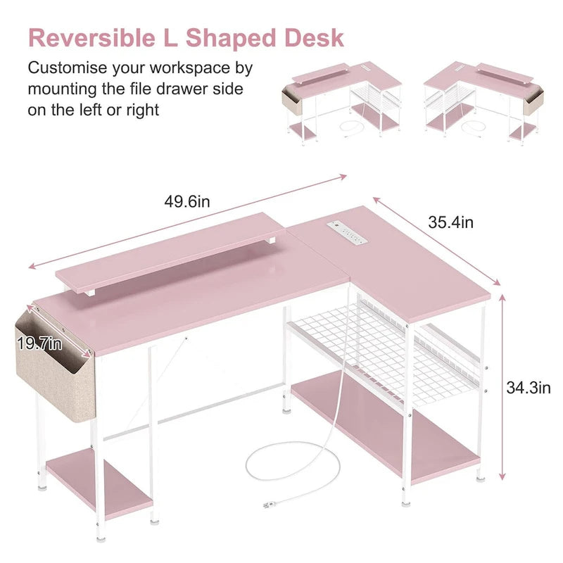 L-Shaped Gaming Desk with RGB LED Lights, Monitor Stand, Power Outlets & Storage Shelves