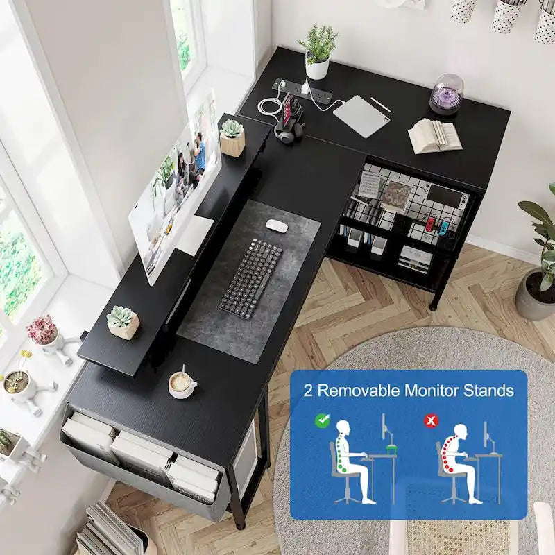 L-Shaped Gaming Desk with RGB LED Lights, Monitor Stand, Power Outlets & Storage Shelves