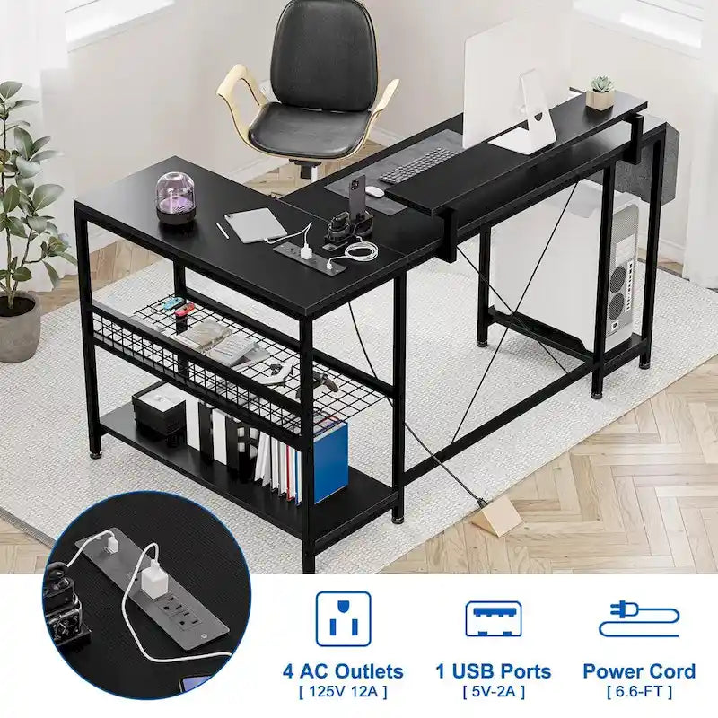 L-Shaped Gaming Desk with RGB LED Lights, Monitor Stand, Power Outlets & Storage Shelves