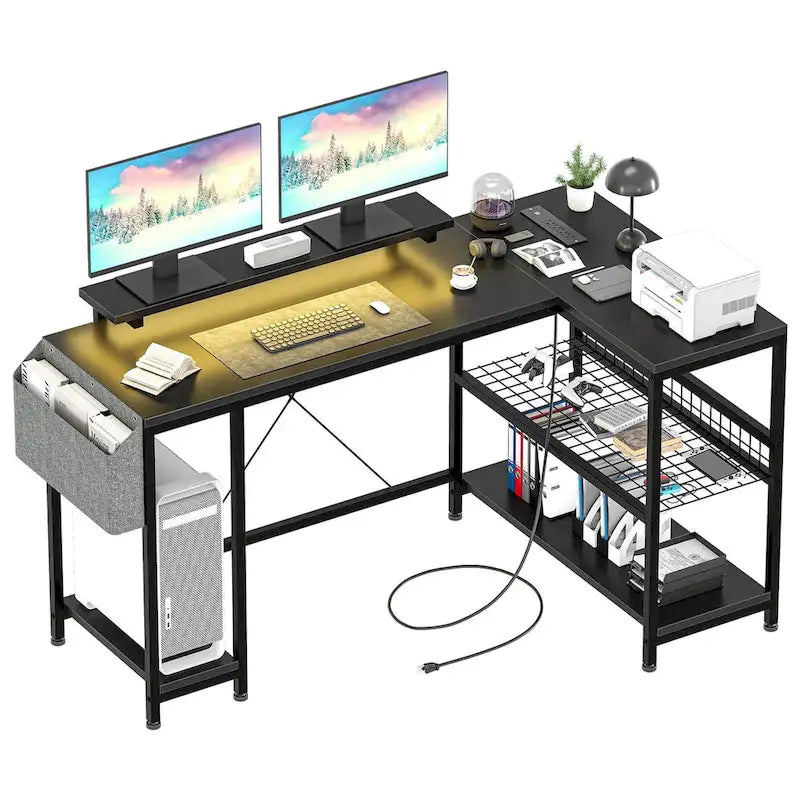 L-Shaped Gaming Desk with RGB LED Lights, Monitor Stand, Power Outlets & Storage Shelves