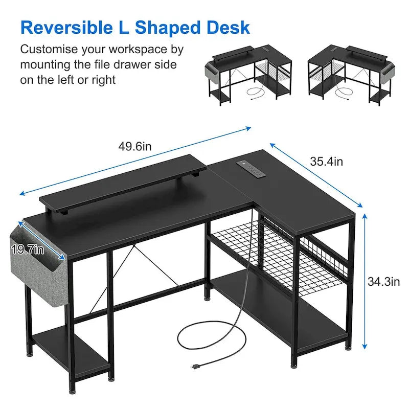 L-Shaped Gaming Desk with RGB LED Lights, Monitor Stand, Power Outlets & Storage Shelves