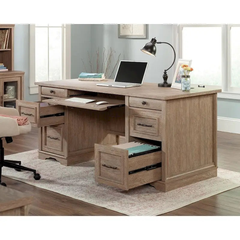 Double Pedestal Executive Home Office Desk with File Drawers Brushed Oak Prairie Cherry