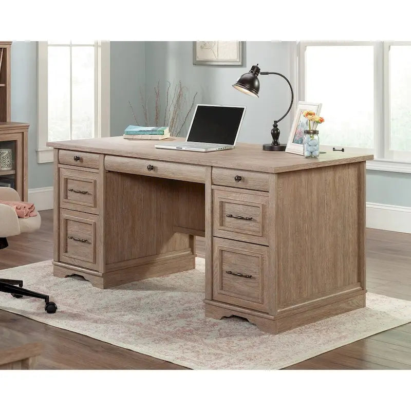 Double Pedestal Executive Home Office Desk with File Drawers Brushed Oak Prairie Cherry