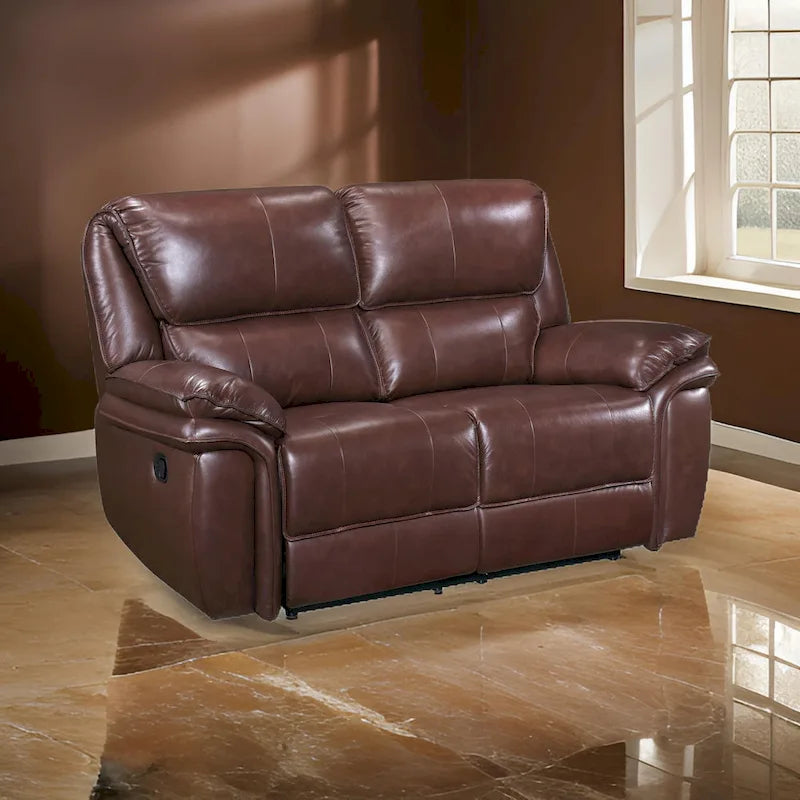 Jack 66 Inch Manual Recliner Loveseat, Plush Brown Top Grain Leather, Wood